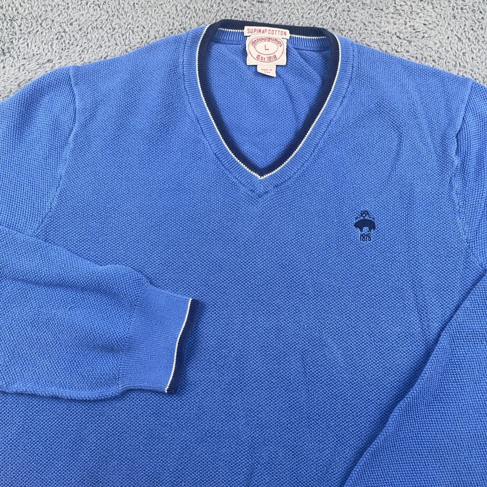 Brooks Brothers Sweater Mens Large Blue Supima Cotton V Neck Golden Fleece Logo